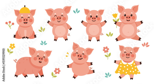 Adobe illustrator vector artwork set of cute pink pigs in various playful poses, adorned with flowers and leaves. Perfect for farm animals, children's designs, and cheerful themes