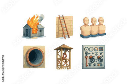 watercolor icon live burn container, ladder raise wall, CPR manikin row, confined space tunnel, rappel tower anchor, pump panel simulator paint colored isolated