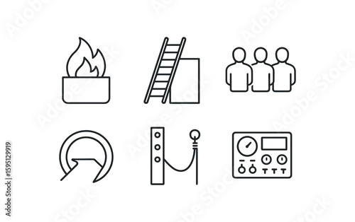 outline stroke icon live burn container, ladder raise wall, CPR manikin row, confined space tunnel, rappel tower anchor, pump panel simulator, monoline icons style isolated