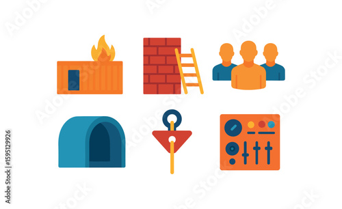 objects live burn container, ladder raise wall, CPR manikin row, confined space tunnel, rappel tower anchor, pump panel simulator solid color icon, outline, vector fills, palette, minimal , isolated