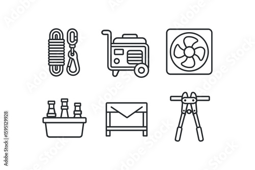 outline stroke icon rope rescue locker, portable generator cart, ventilation fan row, spare nozzle bin, salvage cover shelf, bolt cutter rack, monoline icons style isolated