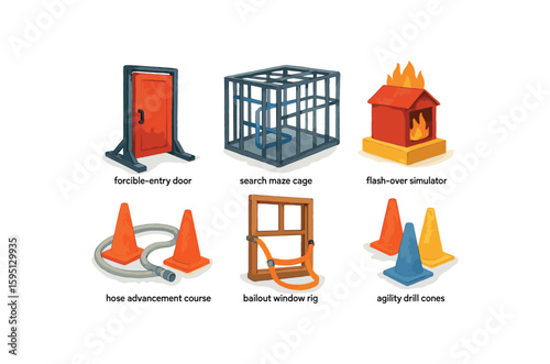 watercolor icon forcible entry door prop, search maze cage, flash over simulator, hose advancement course, bailout window rig, agility drill cones paint colored isolated
