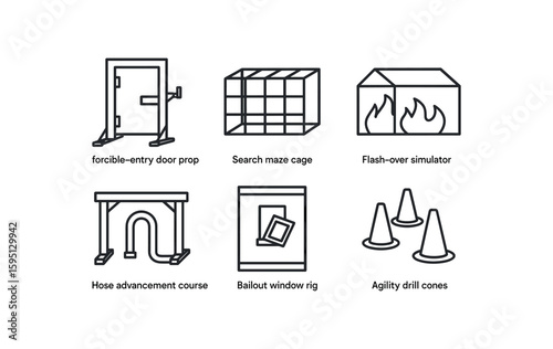outline stroke icon forcible entry door prop, search maze cage, flash over simulator, hose advancement course, bailout window rig, agility drill cones, monoline icons style isolated