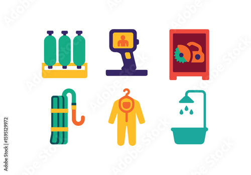 objects SCBA cylinder rack, thermal imager shelf, rescue saw cabinet, high rise pack hook, hazmat suit hanger, decon shower kit solid color icon, outline, vector fills, palette, minimal , isolated