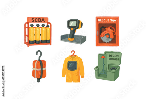 watercolor icon SCBA cylinder rack, thermal imager shelf, rescue saw cabinet, high rise pack hook, hazmat suit hanger, decon shower kit paint colored isolated
