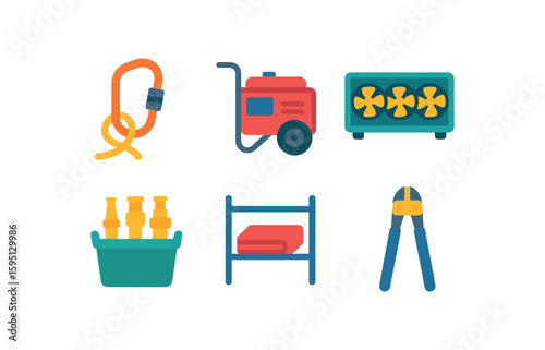 objects rope rescue locker, portable generator cart, ventilation fan row, spare nozzle bin, salvage cover shelf, bolt cutter rack solid color icon, outline, vector fills, palette, minimal , isolated