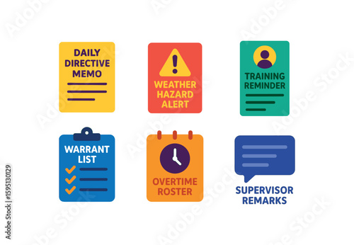 objects daily directive memo, weather hazard alert, training reminder, warrant list, overtime roster, supervisor remarks solid color icon, outline, vector fills, palette, minimal , isolated