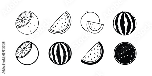 Black and White Fruit Icons Featuring Watermelon and Orange on Transparent Background This graphic features