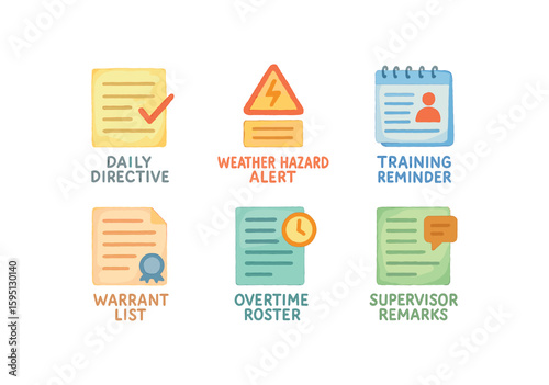 watercolor icon daily directive memo, weather hazard alert, training reminder, warrant list, overtime roster, supervisor remarks paint colored isolated