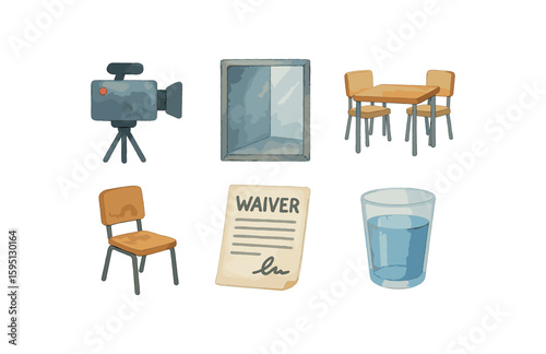 watercolor icon recording camera, two way mirror, interview table, suspect chair, waiver form, water cup paint colored isolated