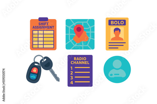 objects assignment board, crime hot spot map, BOLO bulletin, vehicle key , radio channel sheet, roll call attendance solid color icon, outline, vector fills, palette, minimal , isolated