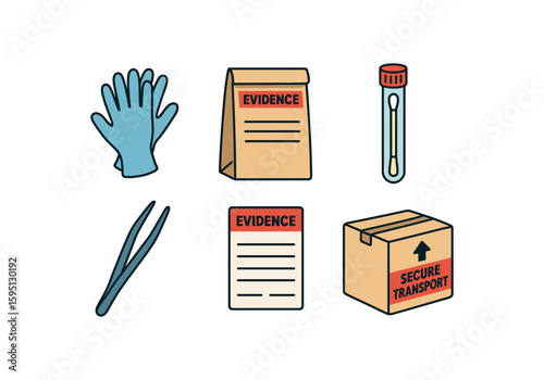 colored latex gloves, paper evidence bag, swab vial, tweezers forceps, evidence label, secure transport box perfect colored vector style isolated
