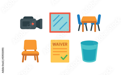 objects recording camera, two way mirror, interview table, suspect chair, waiver form, water cup solid color icon, outline, vector fills, palette, minimal , isolated