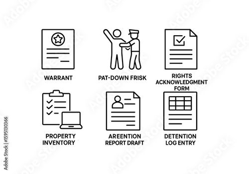 outline stroke icon warrant confirmation, pat down frisk, property inventory, rights acknowledgment form, arrest report draft, detention log entry, monoline icons style isolated