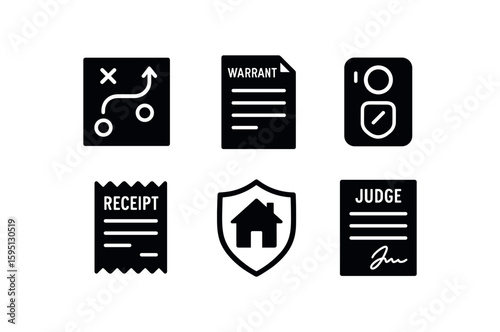 solid icon tactical approach plan, warrant packet copy, body worn camera activation, property receipt, protective sweep, judge s authorization page isolated