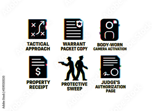 tactical approach plan, warrant packet copy, body worn camera activation, property receipt, protective sweep, judge s authorization page, , , , , isolated