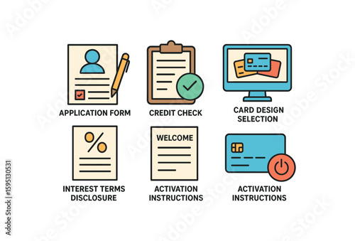 colored application form, credit check, card design selection, interest terms disclosure, welcome letter, activation instructions, perfect colored vector style isolated