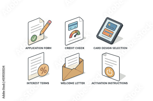 icon application form, credit check, card design selection, interest terms disclosure, welcome letter, activation instructions, , , , , isolated