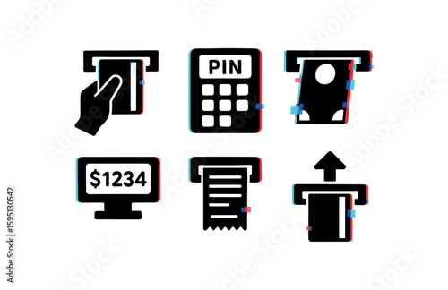 card insertion, PIN entry, cash dispense, account balance display, printed receipt, eject card notice, , , , , isolated