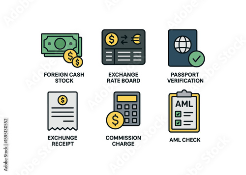 colored foreign cash stock, exchange rate board, passport verification, exchange receipt, commission charge, AML check perfect colored vector style isolated