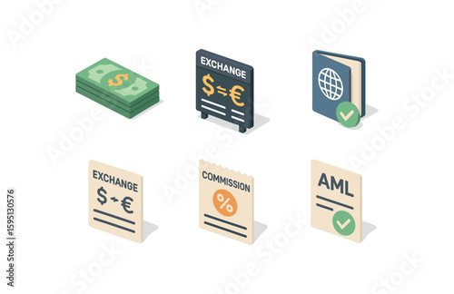 icon foreign cash stock, exchange rate board, passport verification, exchange receipt, commission charge, AML check , , , , isolated