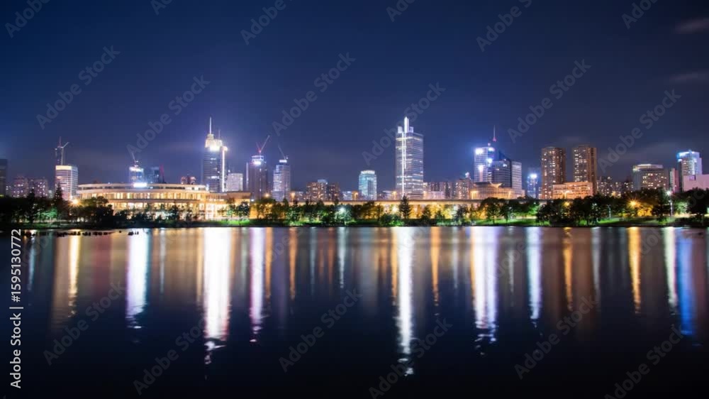 City skyline with water reflection, modern and vibrant, representing urban life against a dark backdrop City skyline with water reflection, modern and vibrant, representing urban life against a dark backdrop