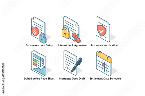 icon escrow account setup, interest lock agreement, insurance verification, debt service ratio sheet, mortgage deed draft, settlement date schedule , , , , isolated