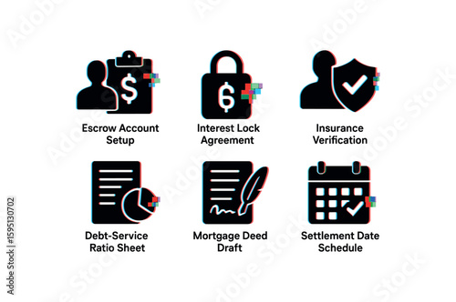 escrow account setup, interest lock agreement, insurance verification, debt service ratio sheet, mortgage deed draft, settlement date schedule, , , , , isolated