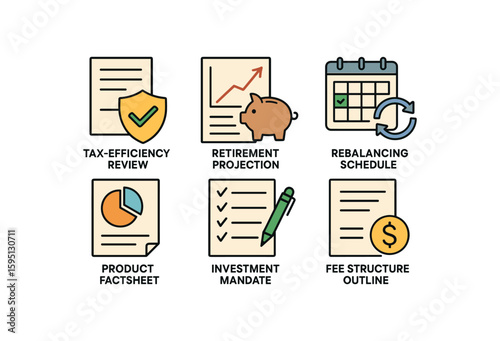 colored tax efficiency review, retirement projection, rebalancing schedule, product factsheet, investment mandate, fee structure outline, perfect colored vector style isolated