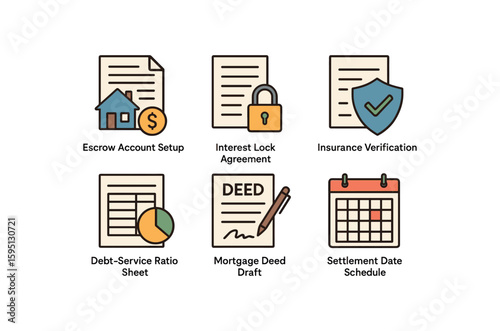 colored escrow account setup, interest lock agreement, insurance verification, debt service ratio sheet, mortgage deed draft, settlement date schedule perfect colored vector style isolated