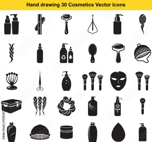 Collection of hand drawn cosmetics and beauty product icons