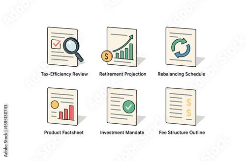 icon tax efficiency review, retirement projection, rebalancing schedule, product factsheet, investment mandate, fee structure outline, , , , , isolated