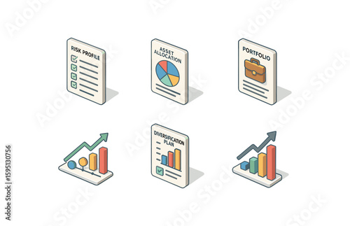 icon risk profile survey, asset allocation chart, portfolio proposal, goal timeline, diversification plan, performance benchmark, , , , , isolated