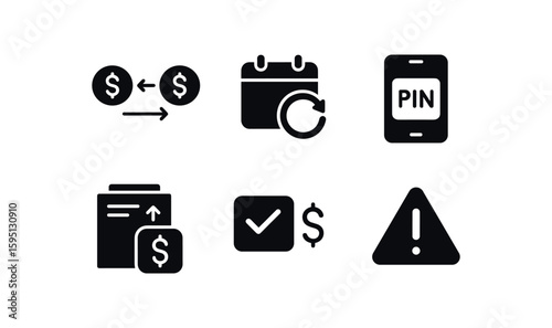 solid icon internal account transfer, standing order setup, mobile transfer PIN, RTGS instruction, transfer limit check, notification alert, isolated