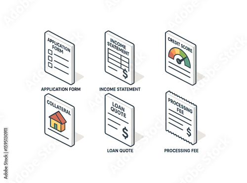 icon application form, income statement, credit score check, collateral details, loan quote, processing fee receipt , , , , isolated