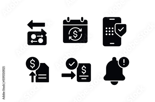 solid icon internal account transfer, standing order setup, mobile transfer PIN, RTGS instruction, transfer limit check, notification alert, isolated