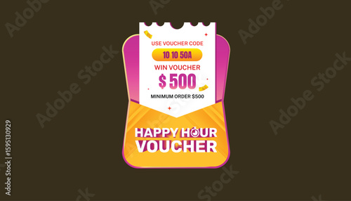 Happy Hour Pop-Up Voucher design featuring bold typography and bright gradient colors.