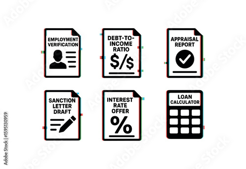employment verification, debt to income ratio sheet, appraisal report, sanction letter draft, interest rate offer, loan calculator printout, , , , , isolated