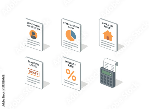 icon employment verification, debt to income ratio sheet, appraisal report, sanction letter draft, interest rate offer, loan calculator printout, , , , , isolated