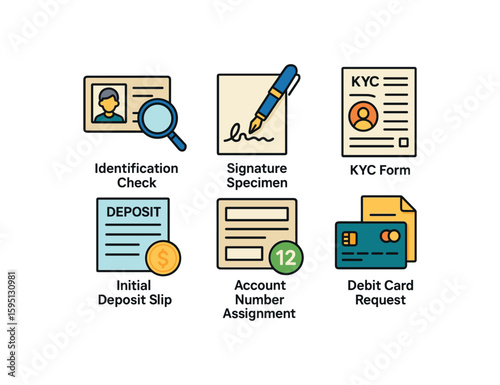 colored identification check, signature specimen, KYC form, initial deposit slip, account number assignment, debit card request perfect colored vector style isolated