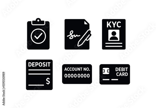 solid icon identification check, signature specimen, KYC form, initial deposit slip, account number assignment, debit card request isolated