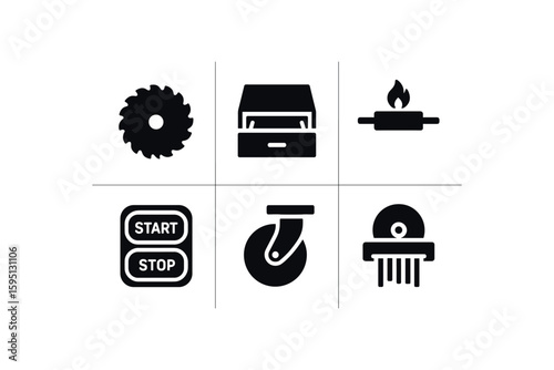 solid icon micro cut blade , pull out drawer, thermal cutoff fuse, start stop sensor, caster wheels, CD shred slot isolated