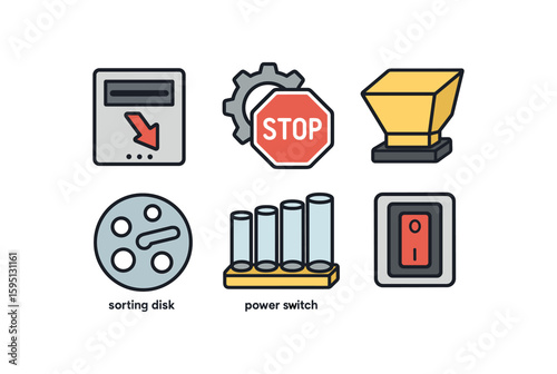 colored reject slot, batch stop setting, hopper cover, sorting disk, coin tube rack, power switch, perfect colored vector style isolated