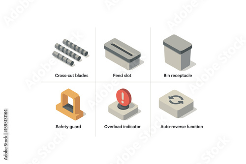 icon cross cut blades, feed slot, bin receptacle, safety guard, overload indicator, auto reverse function , , , , isolated