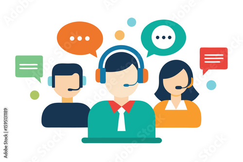 Flat vector illustration of customer support agents with headsets isolated on transparent background
