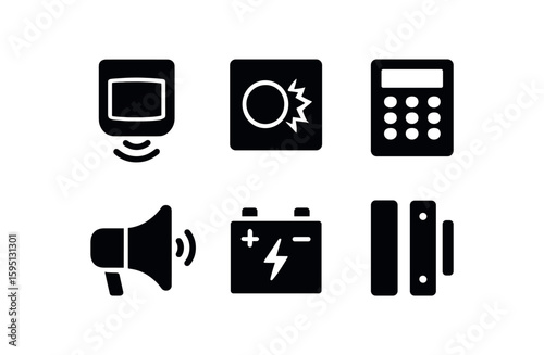 solid icon motion sensor, glass break detector, control keypad, siren speaker, backup battery, door contact switch, isolated