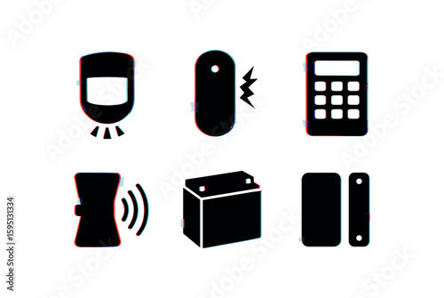 motion sensor, glass break detector, control keypad, siren speaker, backup battery, door contact switch, , , , , isolated
