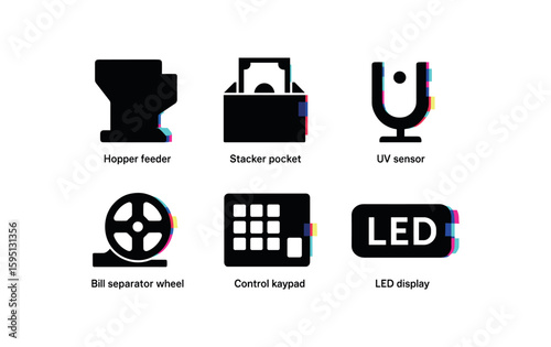 hopper feeder, stacker pocket, UV sensor, bill separator wheel, control keypad, LED display, , , , , isolated