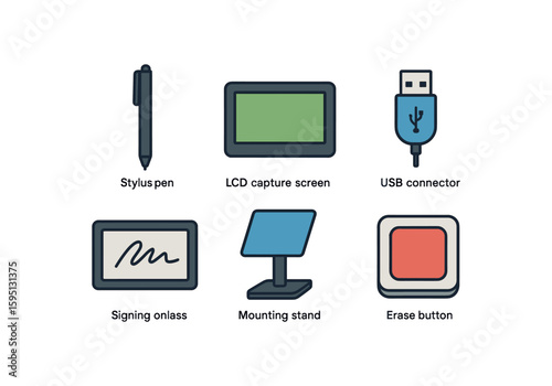 colored stylus pen, LCD capture screen, USB connector, signing glass, mounting stand, erase button, perfect colored vector style isolated
