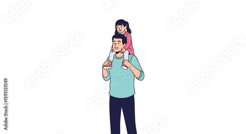 A Proud Father Carries His Happy Young Daughter on His Shoulders Enjoying a Wonderful Family Outing Together Outdoors